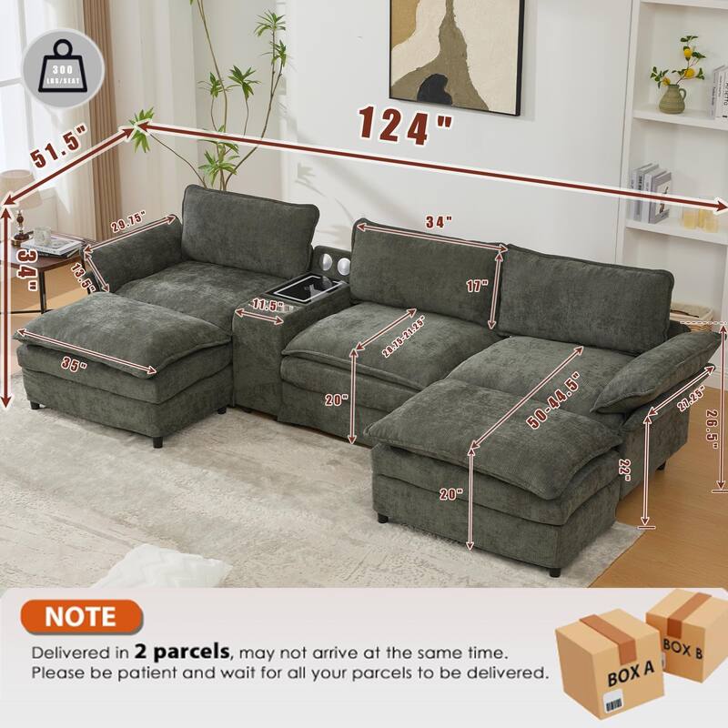 U Shaped Modular Sectional Sofa, Lounge Sofa with Storage Console & Wireless Charging, Sleeper Sofa with Movable Seat