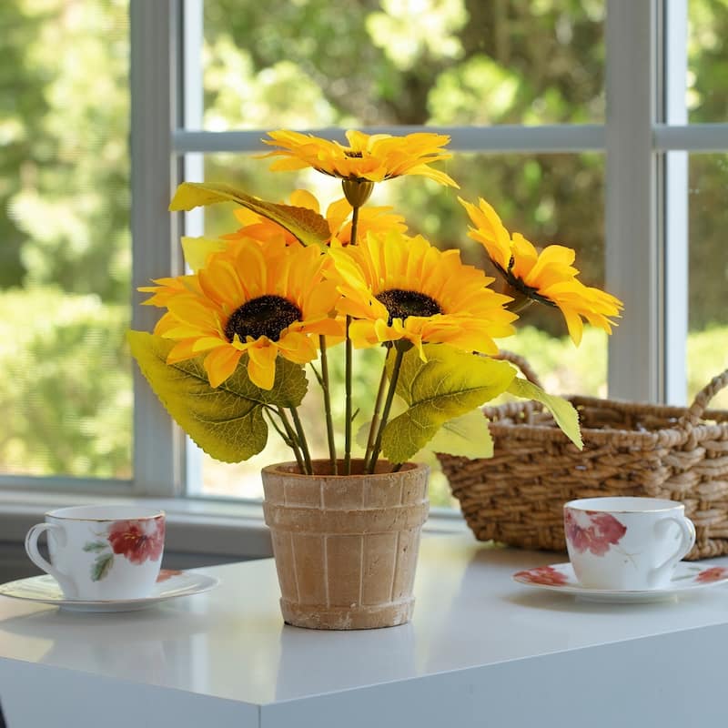 Enova Home Artificial Sunflower Arrangement in Pot for Home Office Centerpiece Decoration - Yellow
