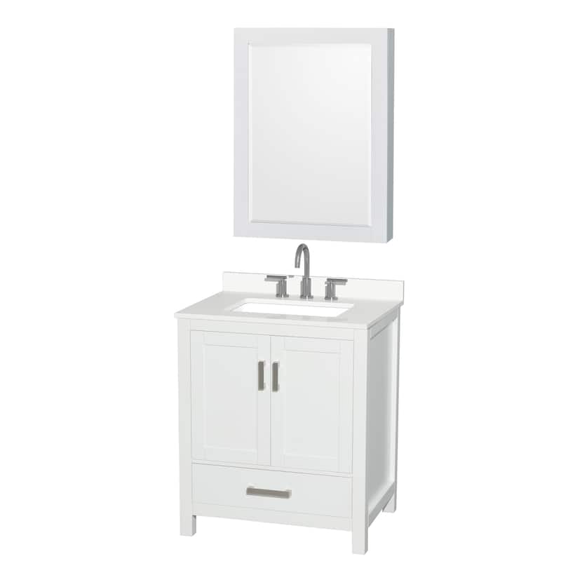 Sheffield 30-inch Single Vanity, 3 Hole Quartz Top, Med Cabinet - White, Chrome Trim, White Quartz Top