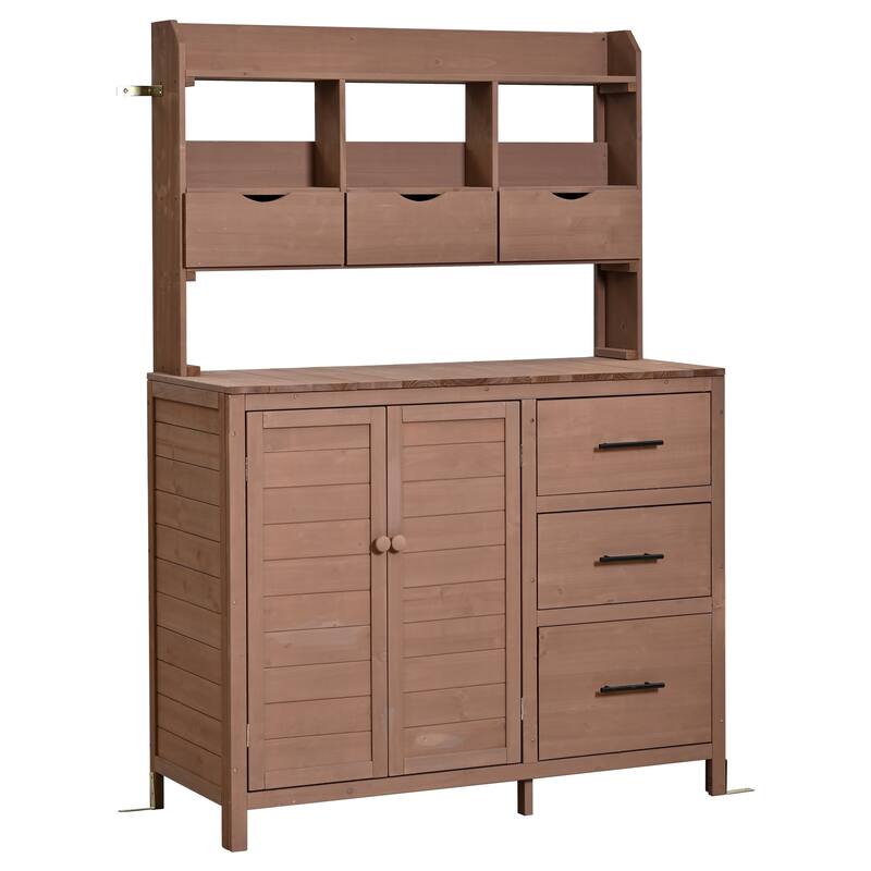 Roomfitters Garden Potting Bench with Storage Hutch, Outdoor Potting Table with 6 Drawers and Cabinets, Shelves