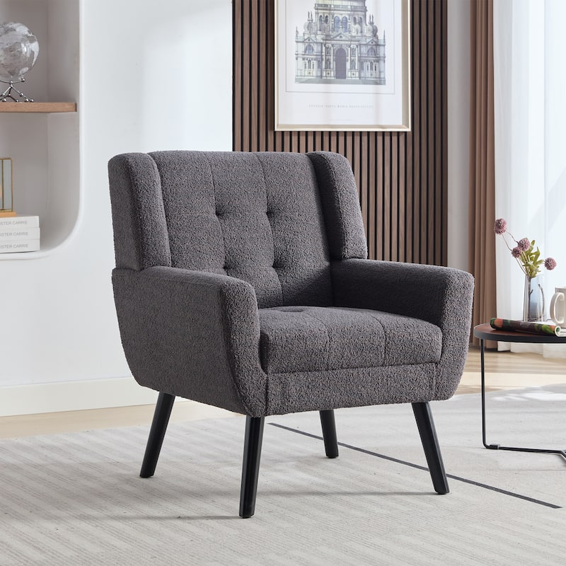 Grey Teddy Modern 29.53" Upholstered Buttons Tufted Accent Chair with Black Solid Wood Legs