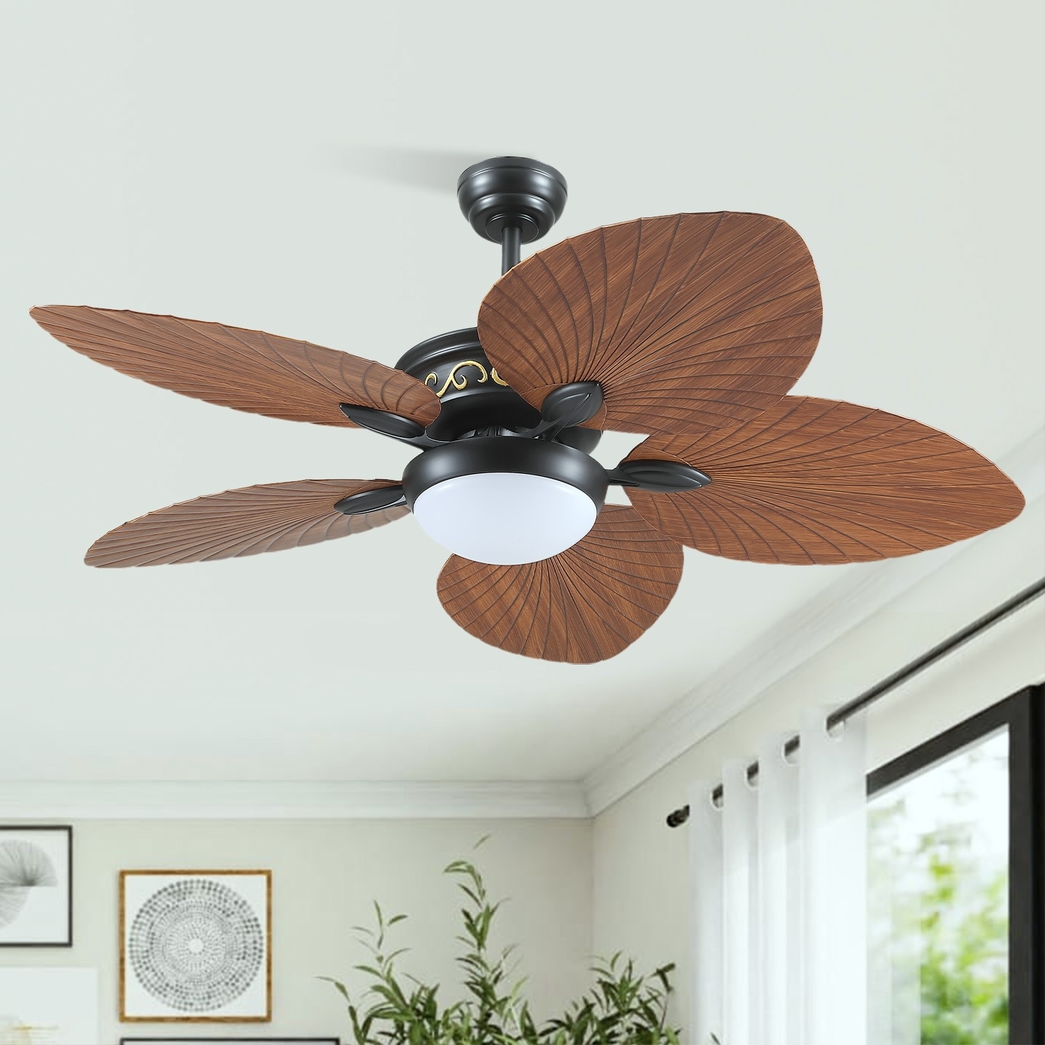 44/52-Inch Tropical Palm Leaf Ceiling Fan with LED Light and Remote, 6-Speed Reversible DC Motor, Indoor/Outdoor