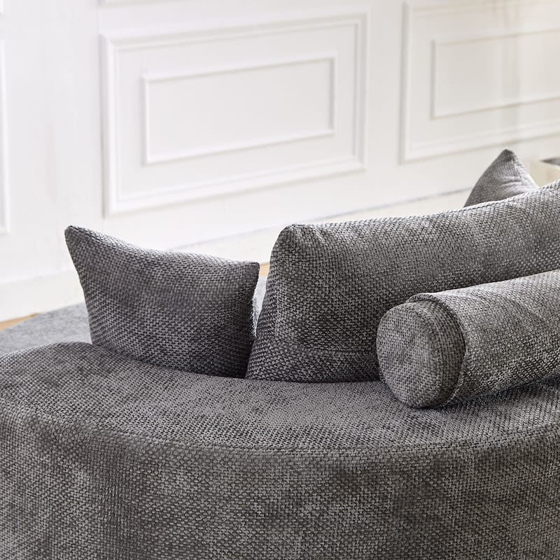 Oversized Swivel Barrel Chair, Chenille Upholstered Round Armchair, Single Sofa Chair with Headrest & 3 Cozy Pillows