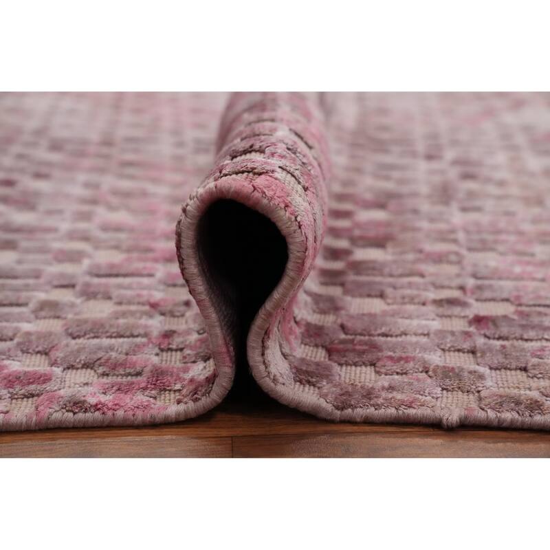 Hand Knotted Oriental Viscose Silk Carpet Modern Geometric Pink Abstract Area Rug - 6' 10'' X 4' 8''