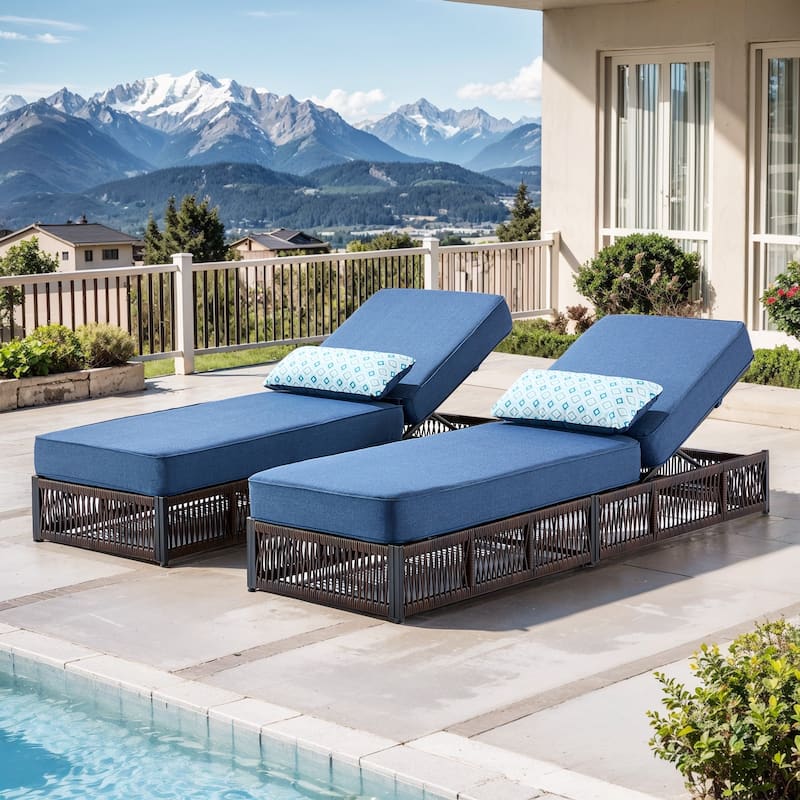 Pocassy 2 Pieces Patio Chaise Lounge Chair with Adjustable Backrest - Brown Wicker Blue Cushion