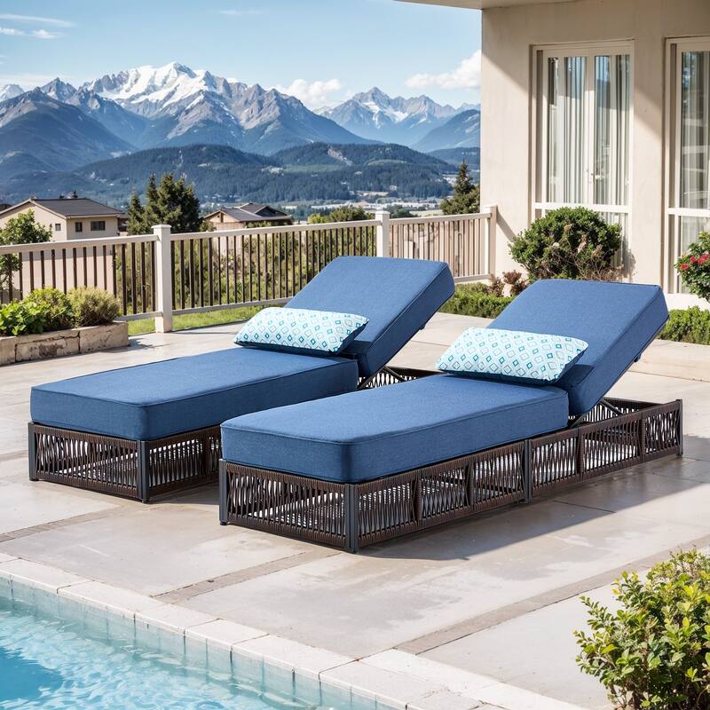 Pocassy Outdoor Lounge Chairs, Pool Lounge Chairs with Adjustable Backrest - 2-Piece Brown Wicker Blue Cushion