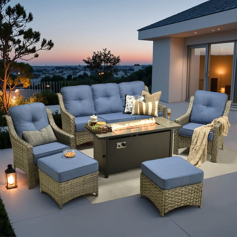 XIZZI 7-Piece Patio Seating Set with Cushions and Fire Pit Table - Diamond Blue