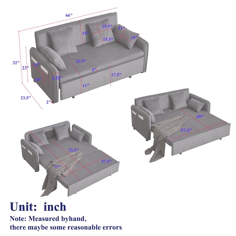 3-in-1 Pull Out Sleeper Sofa Bed, Convertible Corduroy Loveseat Couch with Casters, 4 Pillows and Side Pockets for Living Room