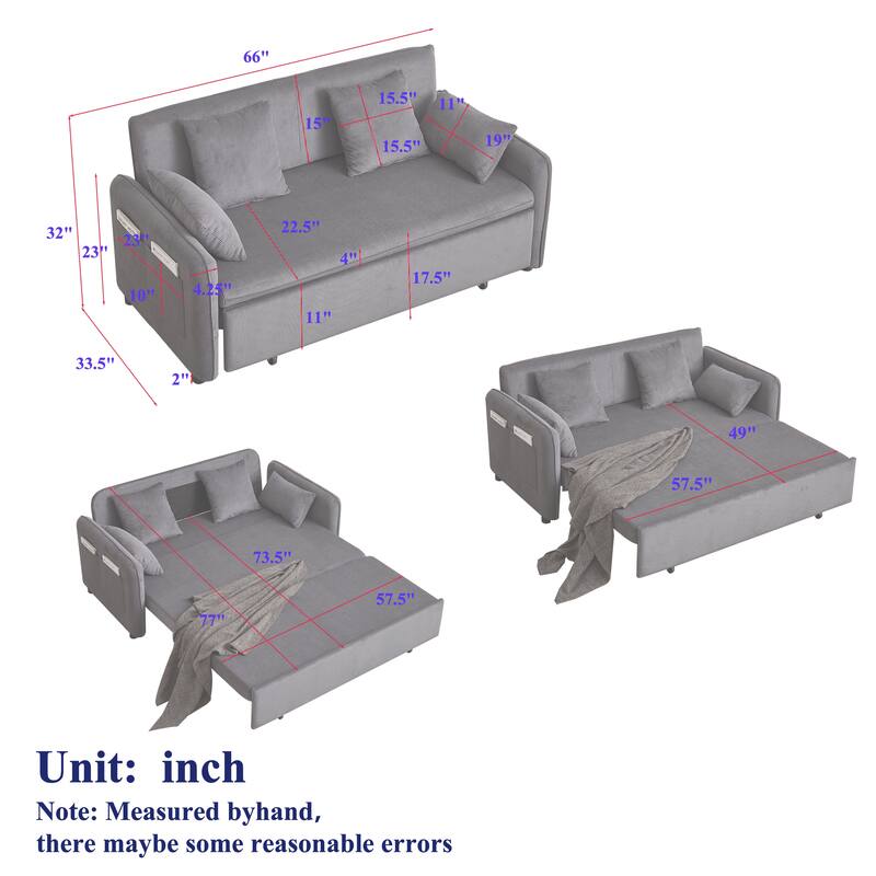 FX'' 66 Inch Sleeper Sofa Bed 3-in-1 Adjustable Sleeper with Pullout Bed 4 Pillows and Side Pockets