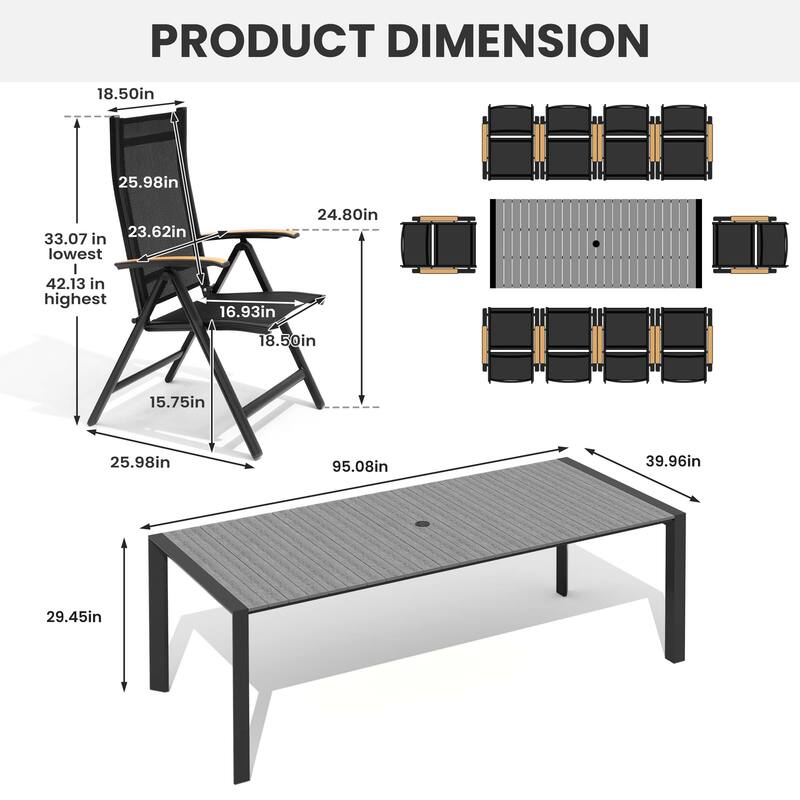 7/9/11-Piece Outdoor Patio Dining Set Aluminum Rectangular Dining Table and Adjustable Folding Chairs