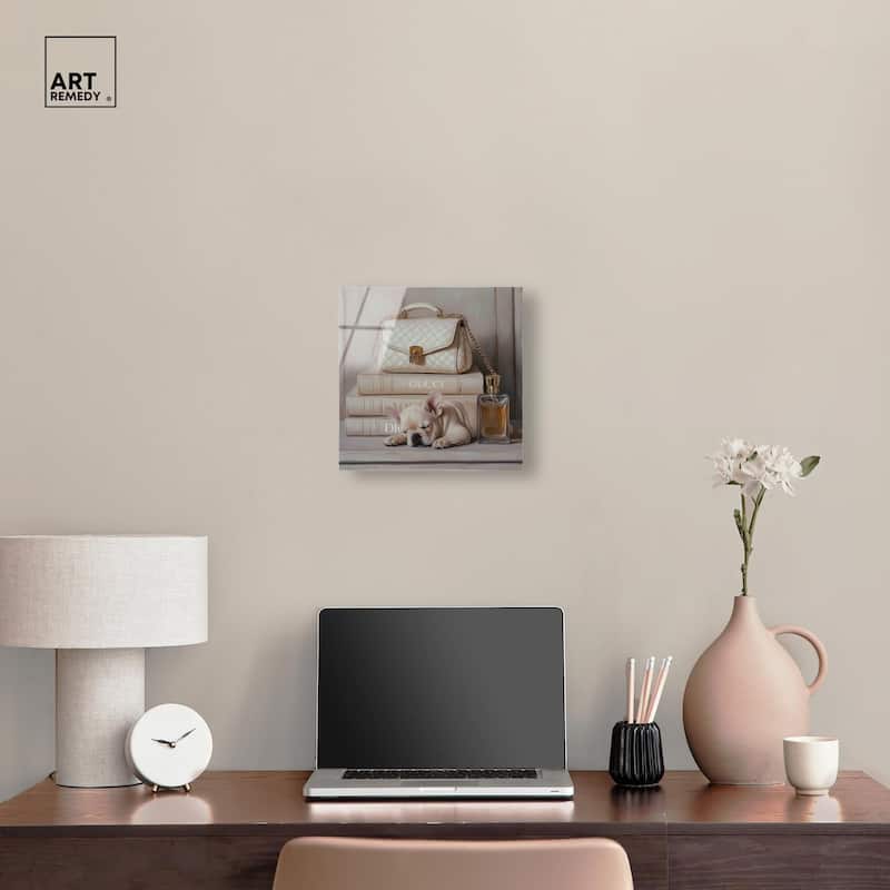 Ivory Books and Frenchie Acrylic by Art Remedy, Ready to Hang