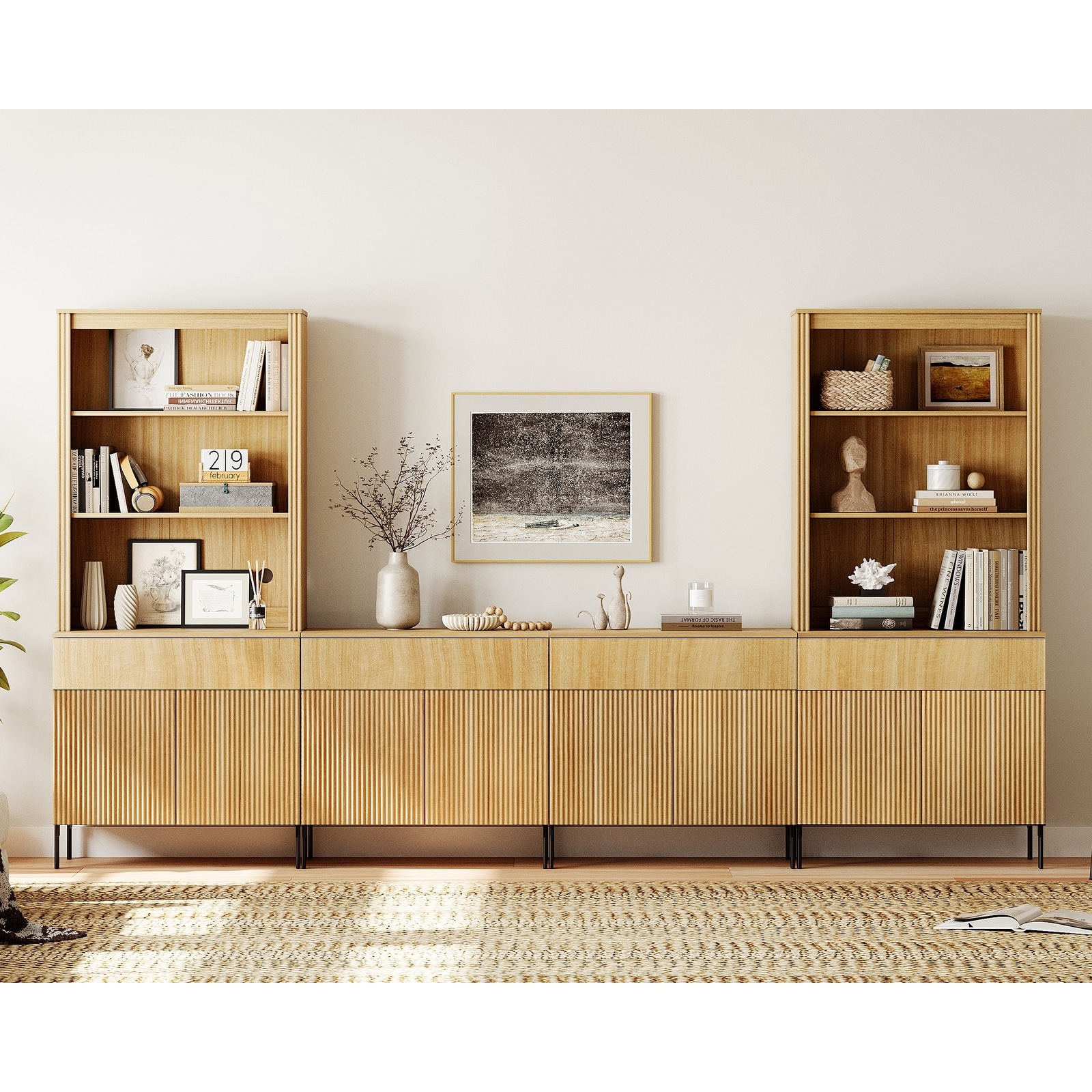 71.6"H X 126"W Set Of 4 Bookcase with Storage Cabinets, 14 Tier Bookshelf with Fluted Doors and Drawers