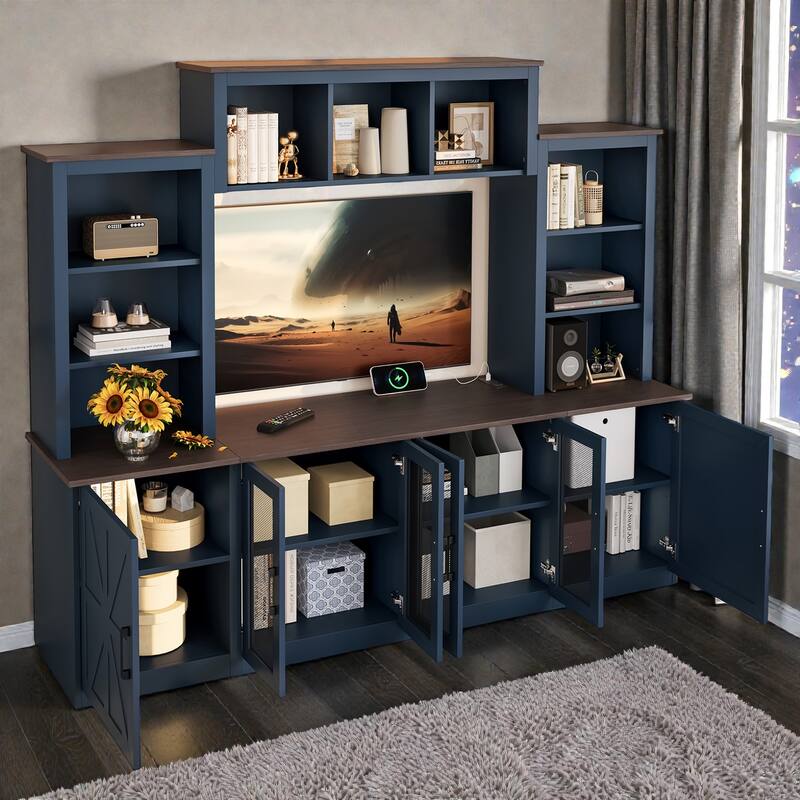 Modern TV Stand Entertainment Center with USB Charging Station, Storage Cabinets and Shelves, Media Console for 55 Inch TV