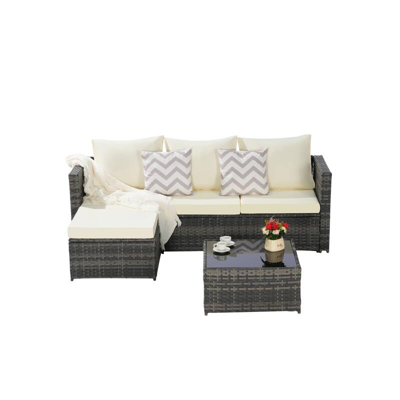 2-Pieces Outdoor Patio L-Shaped Sectional Sofa Set with Glass Coffee Table