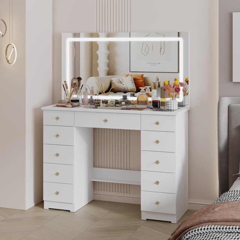 White Vanity Desk with Large LED Lighted Mirror & Glass Tabletop, Makeup Table with 11 Drawers