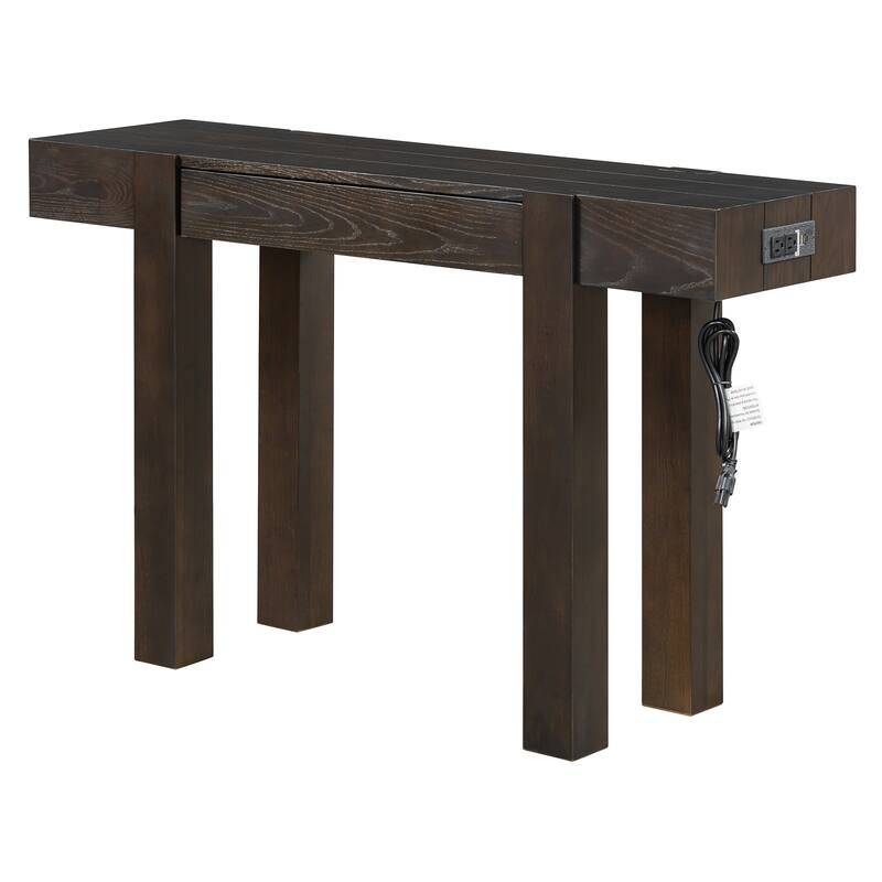Rustic Minimalist Console Table with Hidden Drawer, Side Power Outlet, Wood Entryway Table for Entryways, Living Rooms
