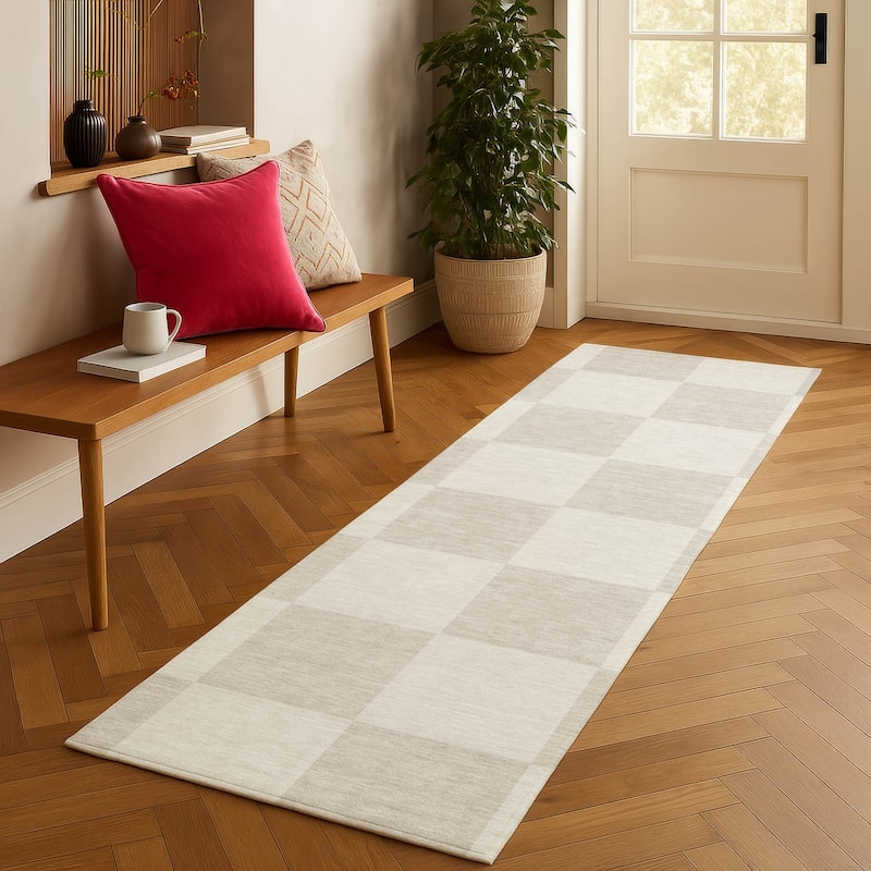 Machine Washable Indoor/ Outdoor Modern Checker Chantille Rug