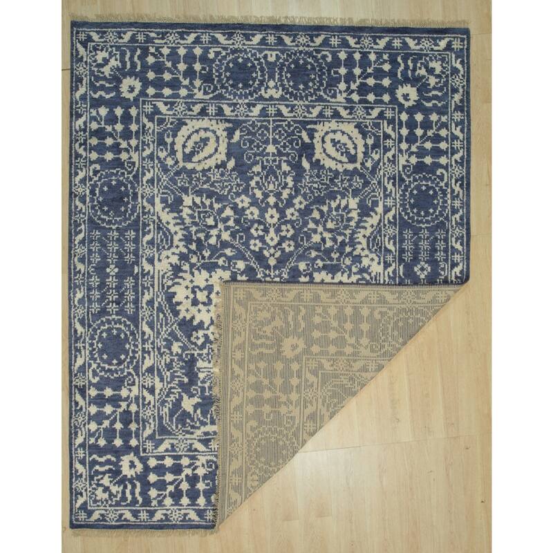 Blue Hand Knotted Wool/Bamboo Silk Traditional Agra Rug, 8' x 10', Soft Elegant Statement - L