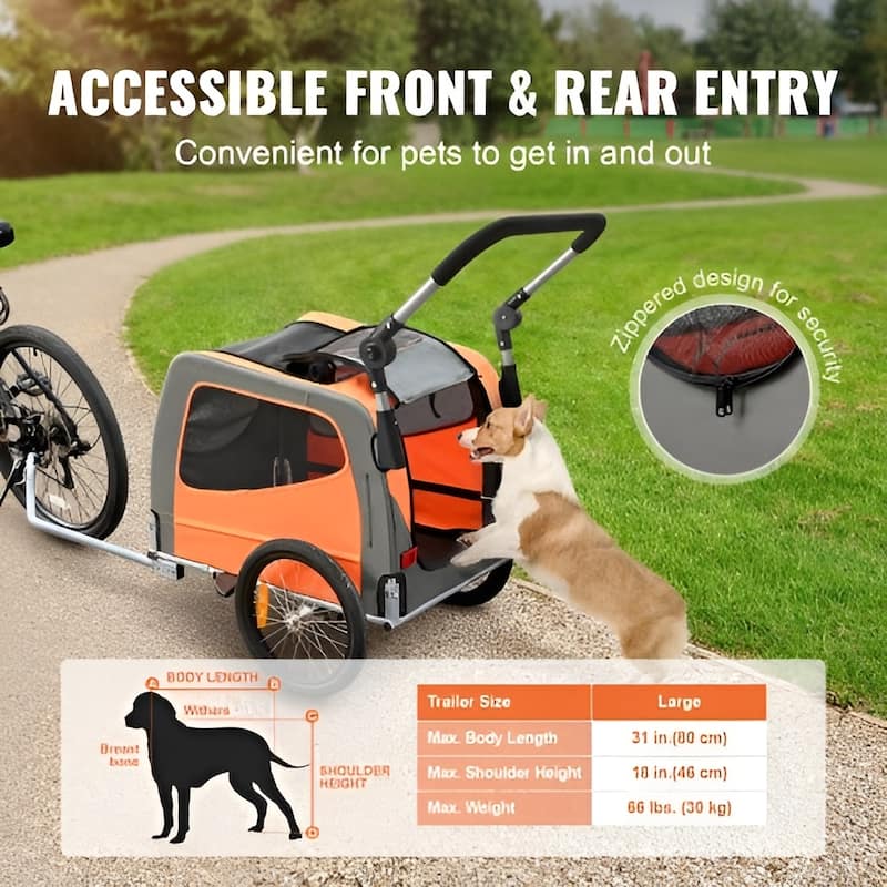 Orange-Grey Steel Pet Stroller Trailer, 2-in-1, Foldable, 66lb Max Capacity - 30.1" L x 21" W x 20.8" H