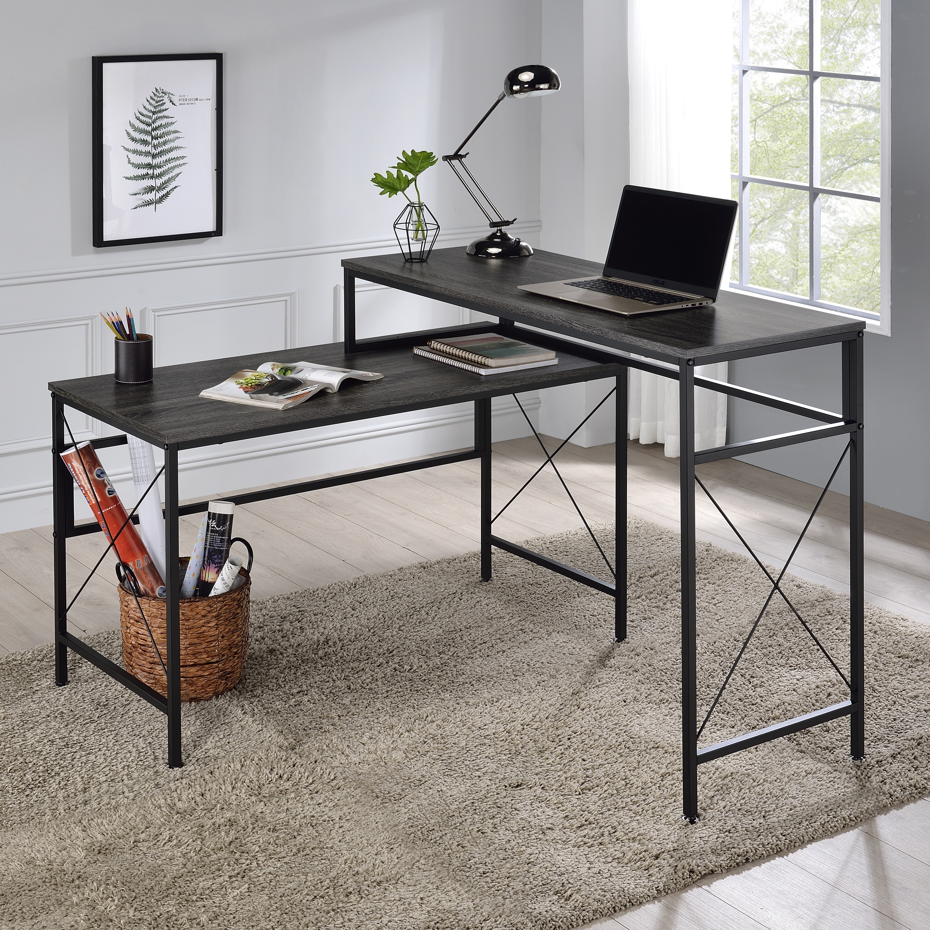 Furniture of America Arts Modern Grey 50-inch Metal L-shaped Computer Desk with USB Ports