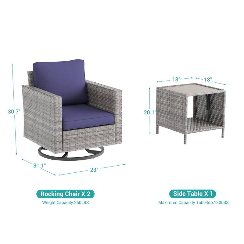 LIVOOSUN 3-Piece Patio Sofa Set Gray Rattan Swivel Rocking Chair Side Table