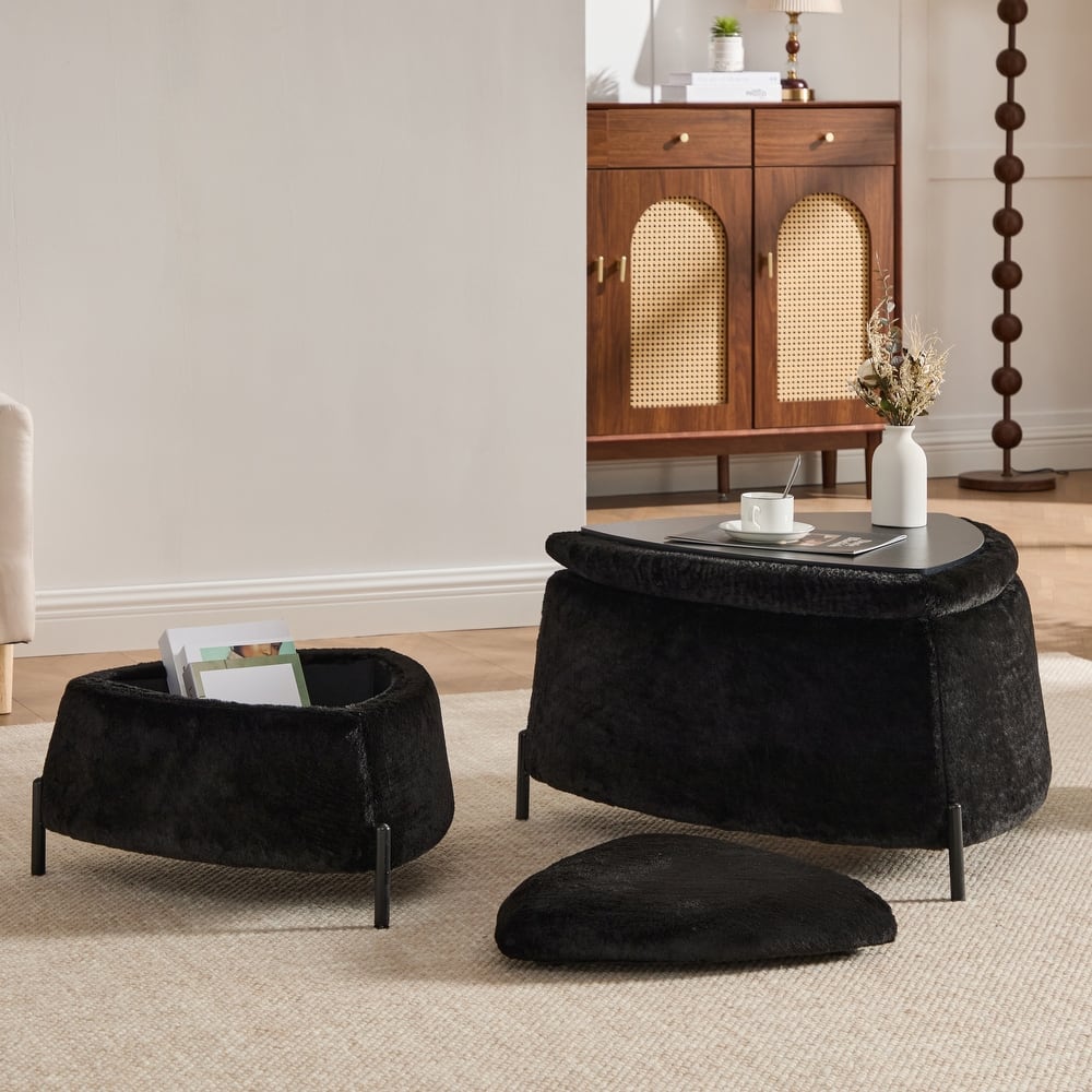 2-Pieces Upholstered Storage Ottoman Set With Reversible Lid And Metal Legs