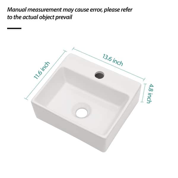 dimension image slide 0 of 2, White Ceramic Rectangular Wall Mounted Bathroom Sink with Faucet Hole