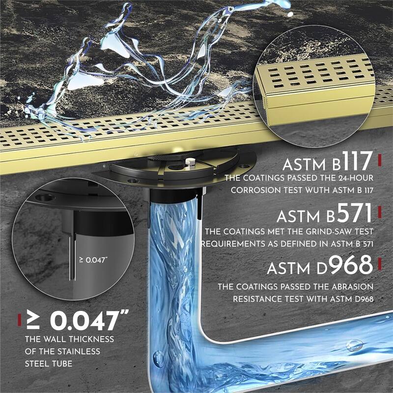 24-Inch Linear Shower Floor Drain, Square Hole Grate - 24 inch