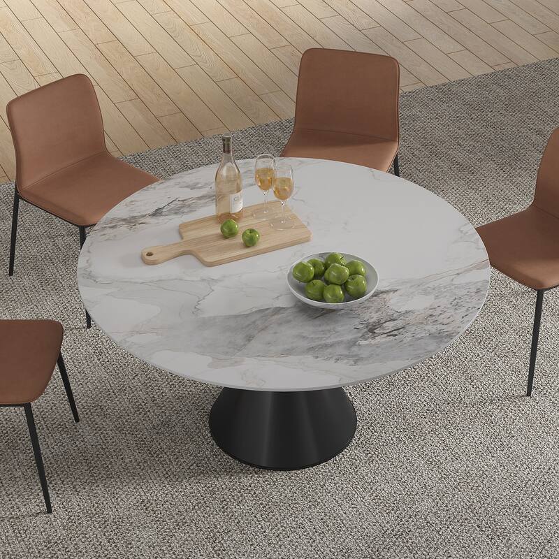 Modern Round Stone Top Black Titanium Stainless Steel Pedestal Dining Table