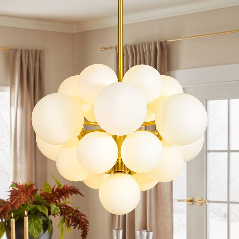 19-Light Brass Modern Glass Globe Bubble Chandelier Dining Room Light with Creative Grape Shape - Frosted Glass - Gold