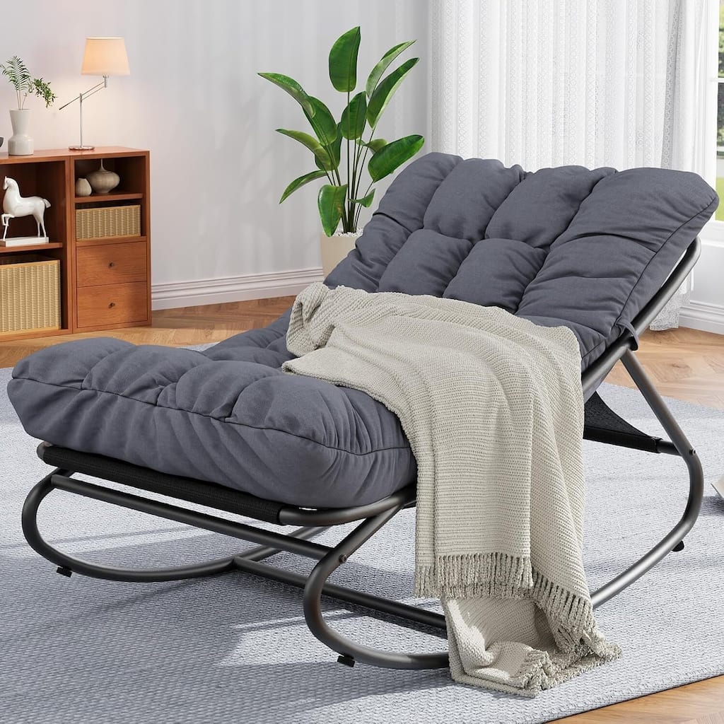 Outdoor Patio Papasan Rocking Chair with Cushion for Porch, Garden, Living Room