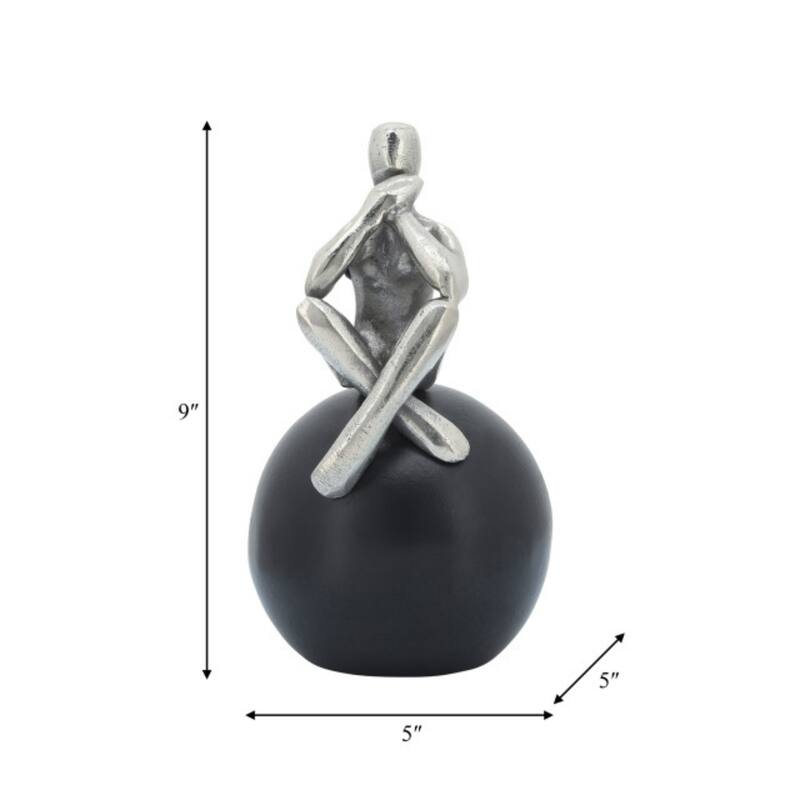 Thinking Man sitting on Orb Figurine - 9" - Silver and Black