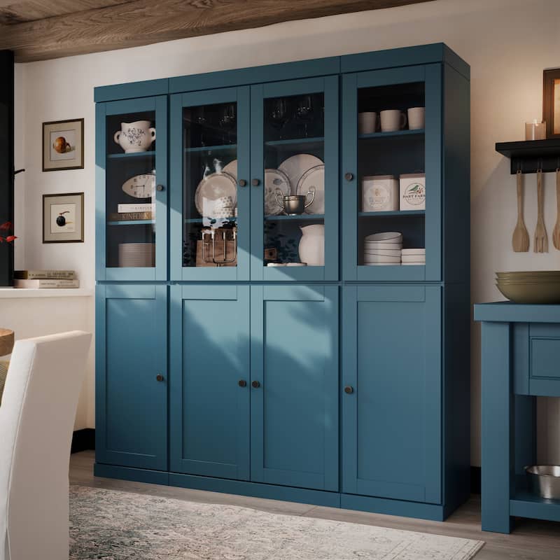 Palace Imports 100% Solid Wood 65" Pantry Cabinet with Clear Glass, Shaker Doors and Adjustable Shelves - Teal Blue