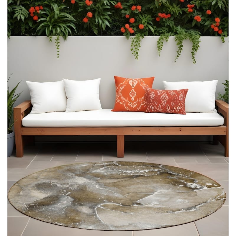 Una Contemporary Abstract Weather Resistant Classic Meets Modern Outdoor Rug - 8' Round - Multi