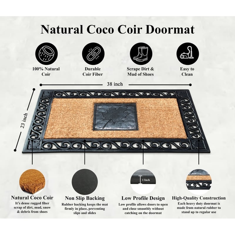 A1HC Rubber and Coir Maple Leaf, Heavy Weight Durable Black Doormat, 23"X38"