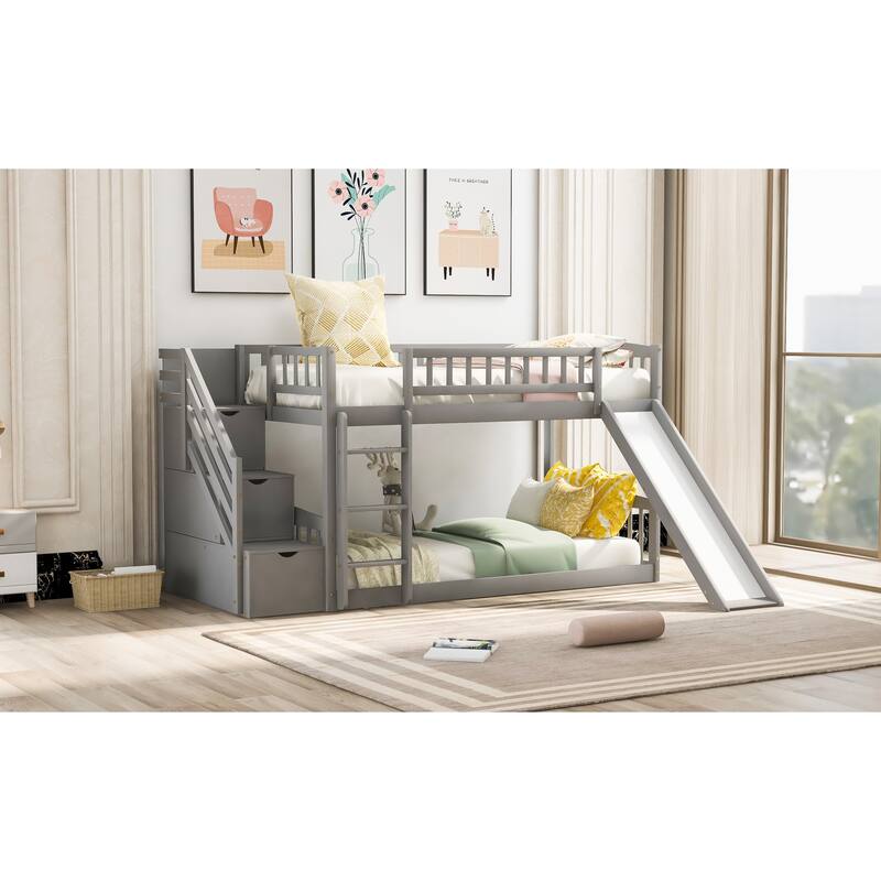 Twin Over Twin Bunk Bed with Drawers, Slide, and Stairs, Gray