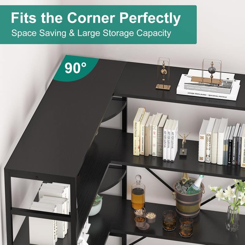 4-Tier L Shaped Industrial Bookshelf Corner Bookcase with Open Shelves and Curved Panels