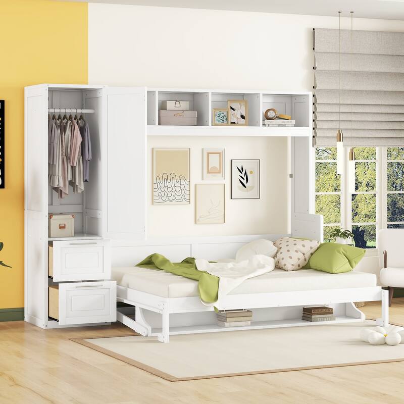 Multifunctional Murphy Bed with Top Shelf, Wardrobe, Drawers and Rack - White - Queen