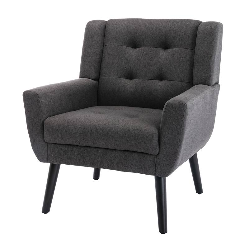 Dark Gray Linen Modern 29.53" Upholstered Buttons Tufted Accent Chair with Black Solid Wood Legs