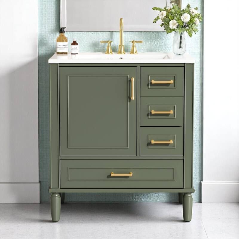 30" Freestanding Bathroom Vanity with Ceramic Sink, Soft Close Door and Drawers, Solid Wood Frame, Modern Storage Cabinet