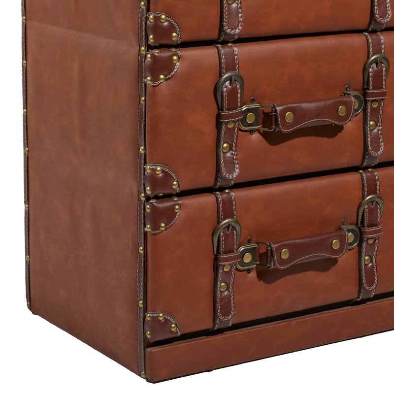 Wooden Faux Leather 5 or 6 Drawers Chest with Buckle and Strap Detailing - Brown - Roche River Decor