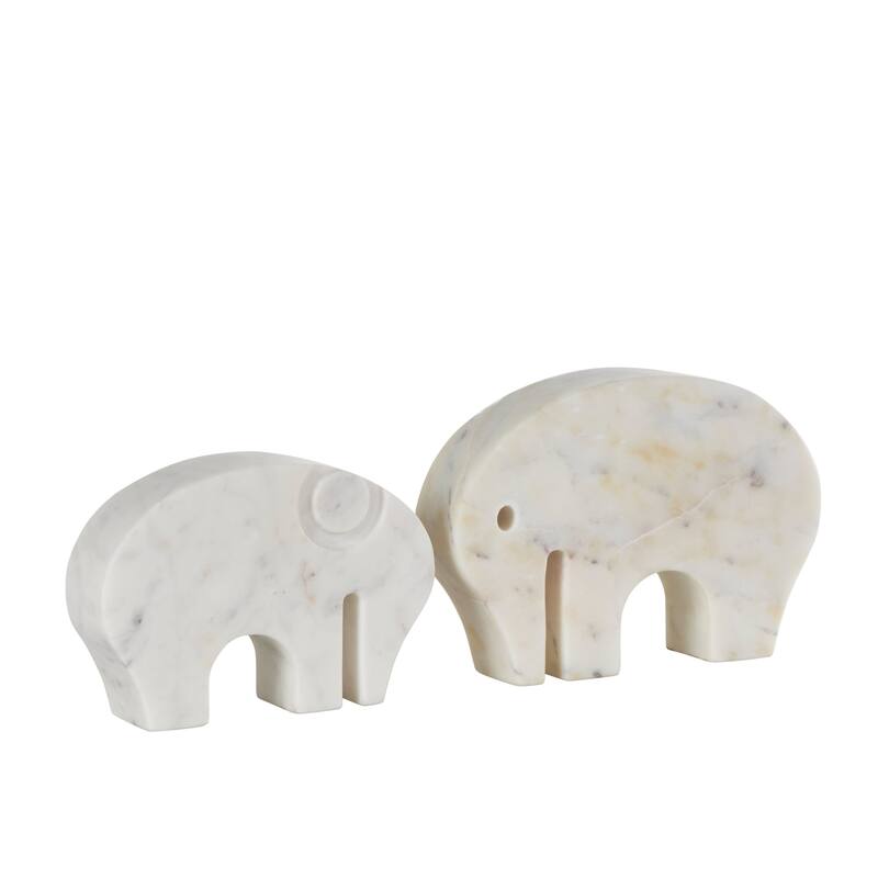 White Marble Rounded Abstract Elephant Decorative Sculpture with Gray Marble Veins and Cutouts (Set of 2)