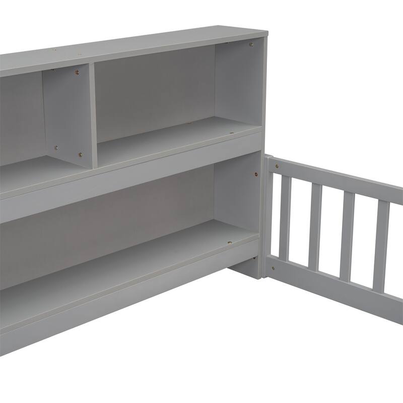 Full Floor Bed with Side Bookcase,Shelves,Guardrails