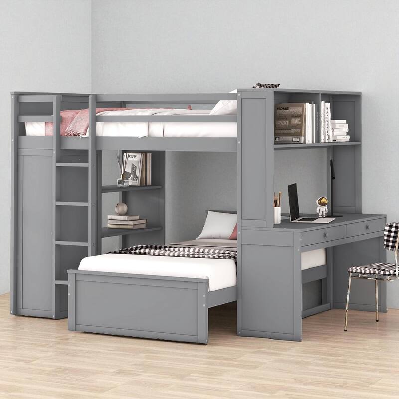 Twin/Full Loft Bed with Stand-Alone Bed, Desk, Shelves & Wardrobe, Wooden Frame with Storage and Guardrail - Grey - Full