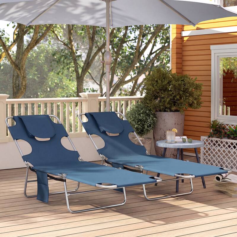 Outsunny Chaise Lounge Chair Outdoor Set of 2 with Face Arm Hole, 5-Position Reclining Face Down Tanning Chair with Carry Strap