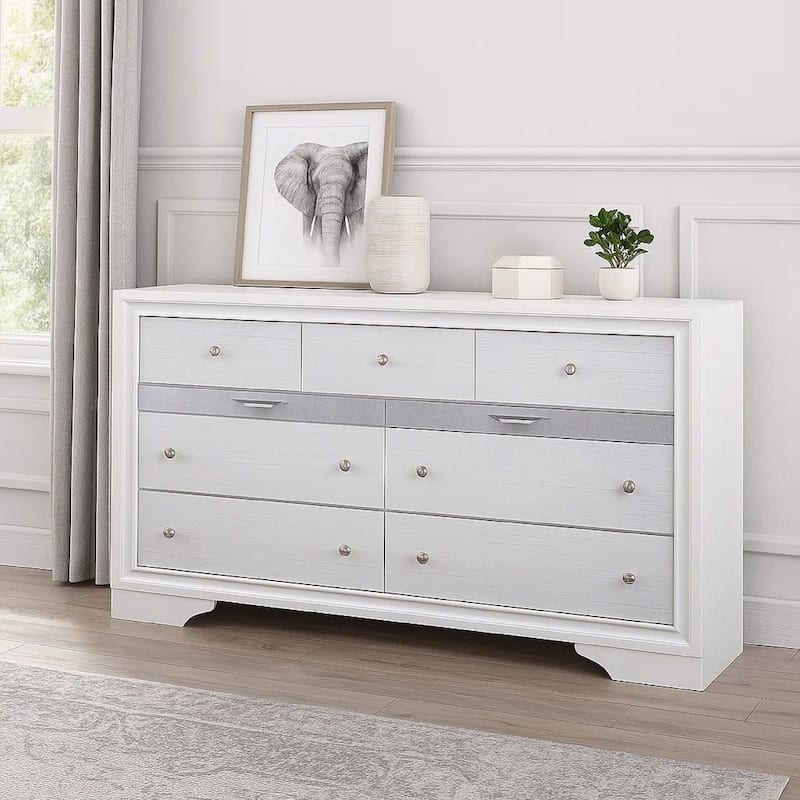 Wooden Dresser with 7 Drawers and 2 Jewelry Drawer, White and Silver