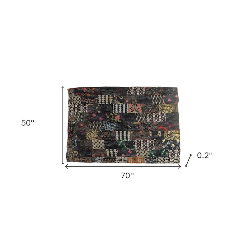 70" X 50" Black Kantha Cotton Patchwork Throw Blanket with Embroidery