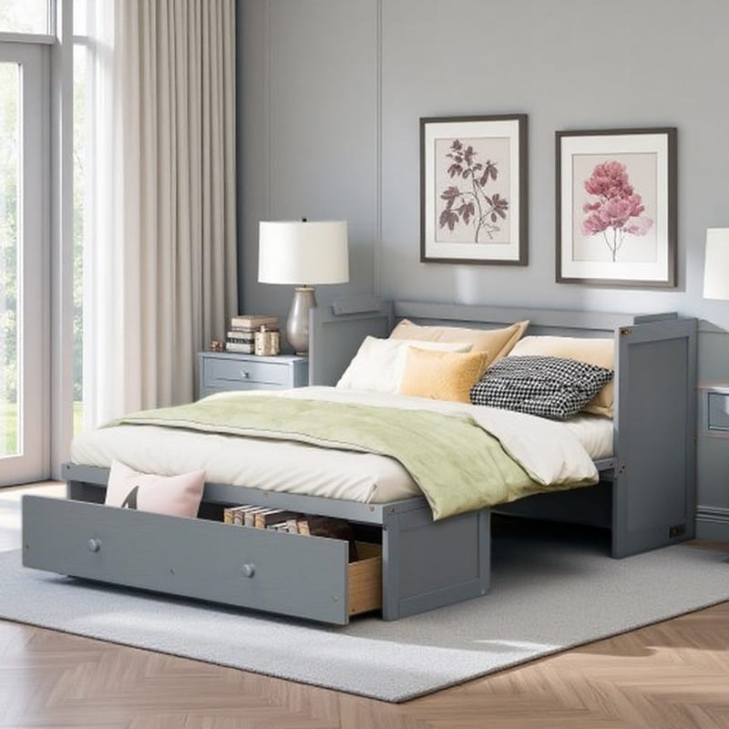Queen Murphy Bed Cabinet with USB Charging Ports & Storage Drawer, Foldable Space-Saving Design with Pine Wood Frame