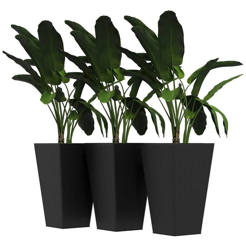 Set of 3 Tall Rattan Style Planter Pots UV Resistant Plastic with Drainage for Indoor and Outdoor Use - Black