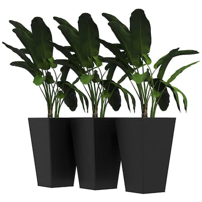 Set of 3 Tall Rattan Style Planter Pots UV Resistant Plastic with Drainage for Indoor and Outdoor Use